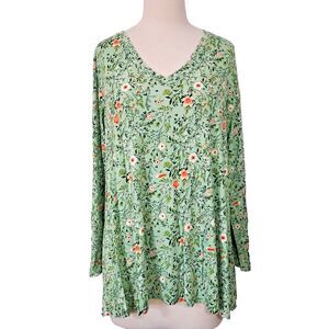 Popyoung Shirt Tunic Top Comfy Soft Flowy Womens Size 2XL Stretch Green Floral